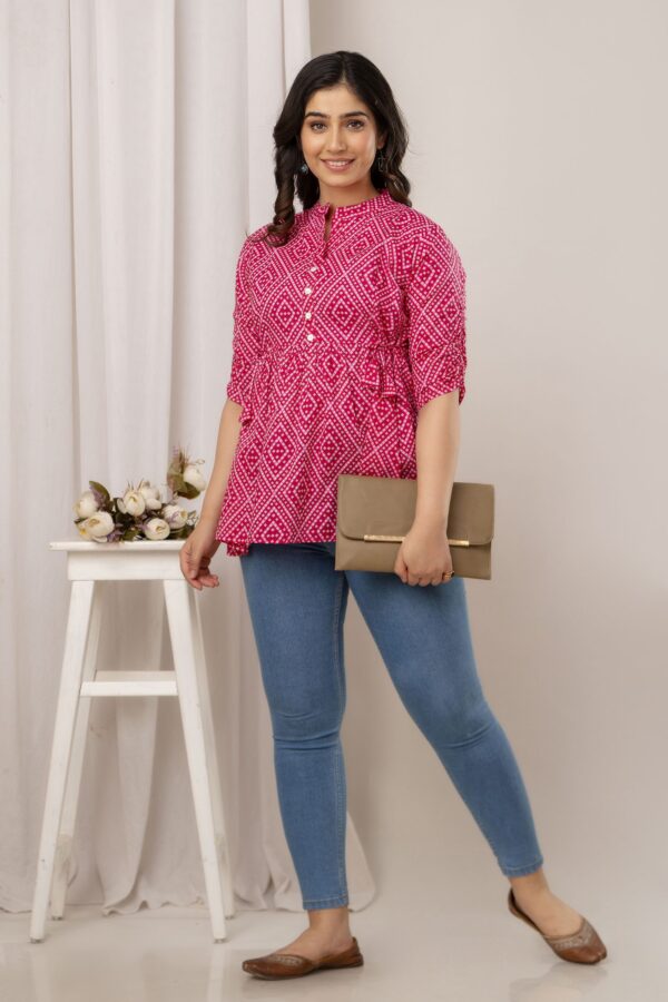 Ausuda Women Pure Cotton Pink Geometric Printed Peplum Top | Casual Cotton Tunic for Women