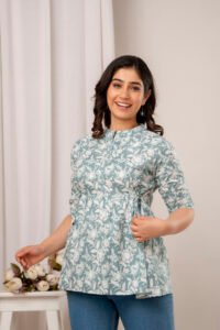 Ausuda Women Pure Cotton Sage Green Floral Printed Peplum Top | Casual Cotton Tunic for Women