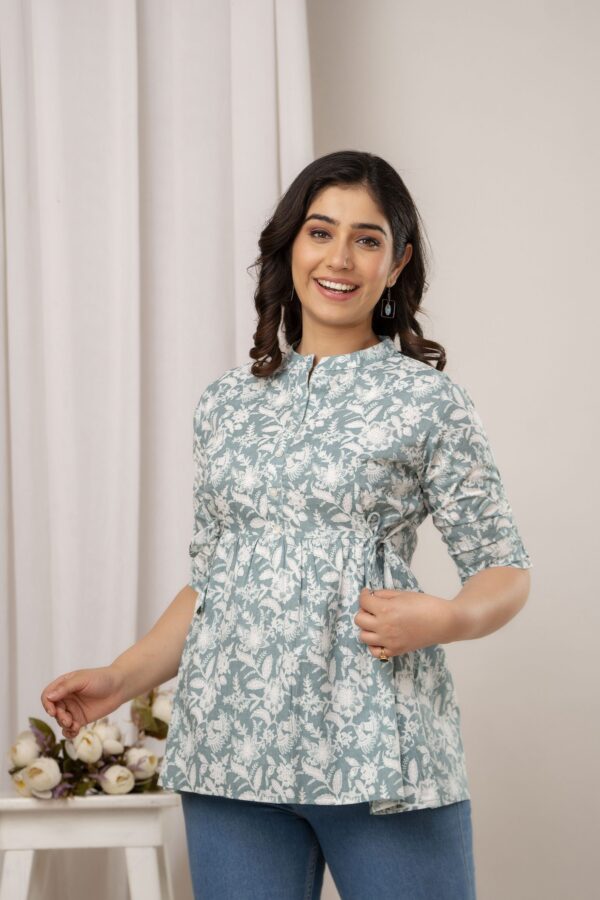 ASD_Top-2019-A Ausuda Women Pure Cotton Sage Green Floral Printed Peplum Top | Casual Cotton Tunic for Women