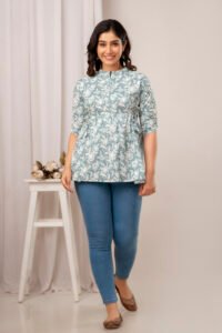 Ausuda Women Pure Cotton Sage Green Floral Printed Peplum Top | Casual Cotton Tunic for Women