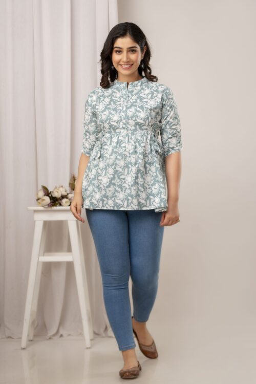 Ausuda Women Pure Cotton Sage Green Floral Printed Peplum Top | Casual Cotton Tunic for Women