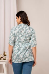 Ausuda Women Pure Cotton Sage Green Floral Printed Peplum Top | Casual Cotton Tunic for Women