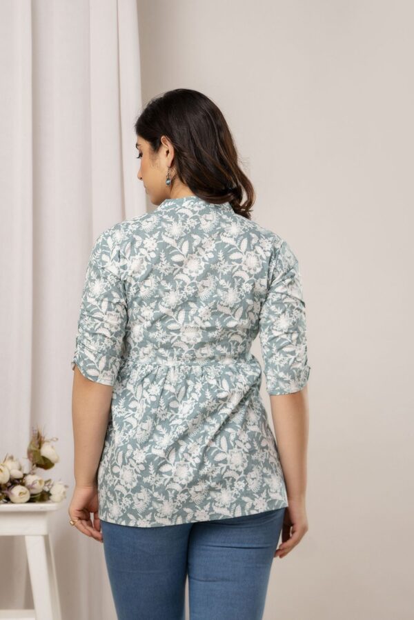 ASD_Top-2019-C Ausuda Women Pure Cotton Sage Green Floral Printed Peplum Top | Casual Cotton Tunic for Women