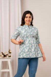 Ausuda Women Pure Cotton Sage Green Floral Printed Peplum Top | Casual Cotton Tunic for Women