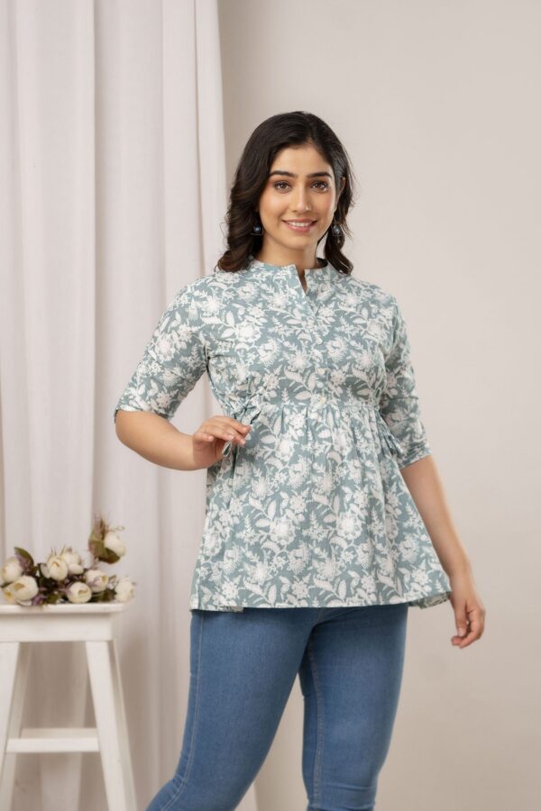 ASD_Top-2019-D Ausuda Women Pure Cotton Sage Green Floral Printed Peplum Top | Casual Cotton Tunic for Women