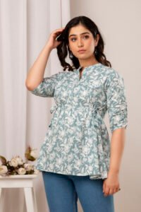 Ausuda Women Pure Cotton Sage Green Floral Printed Peplum Top | Casual Cotton Tunic for Women
