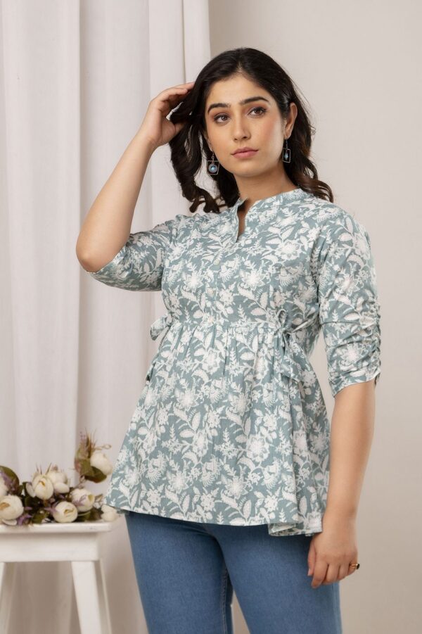 ASD_Top-2019-E Ausuda Women Pure Cotton Sage Green Floral Printed Peplum Top | Casual Cotton Tunic for Women