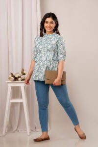 Ausuda Women Pure Cotton Sage Green Floral Printed Peplum Top | Casual Cotton Tunic for Women