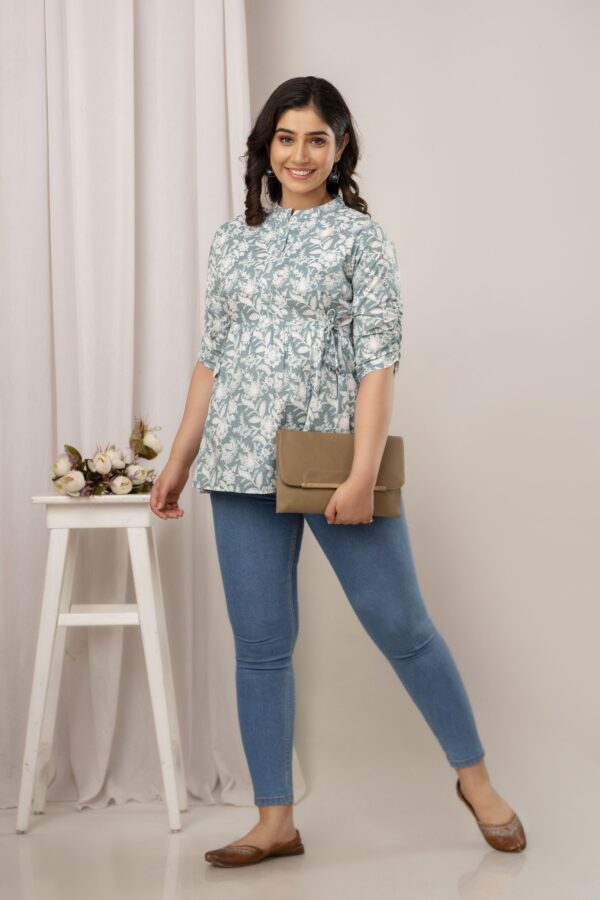 ASD_Top-2019-J Ausuda Women Pure Cotton Sage Green Floral Printed Peplum Top | Casual Cotton Tunic for Women