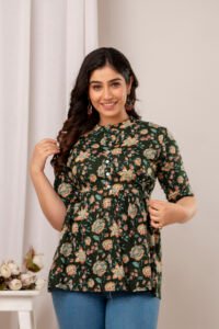 Ausuda Women Pure Cotton Dark Green Floral Printed Peplum Top | Casual Cotton Tunic for Women
