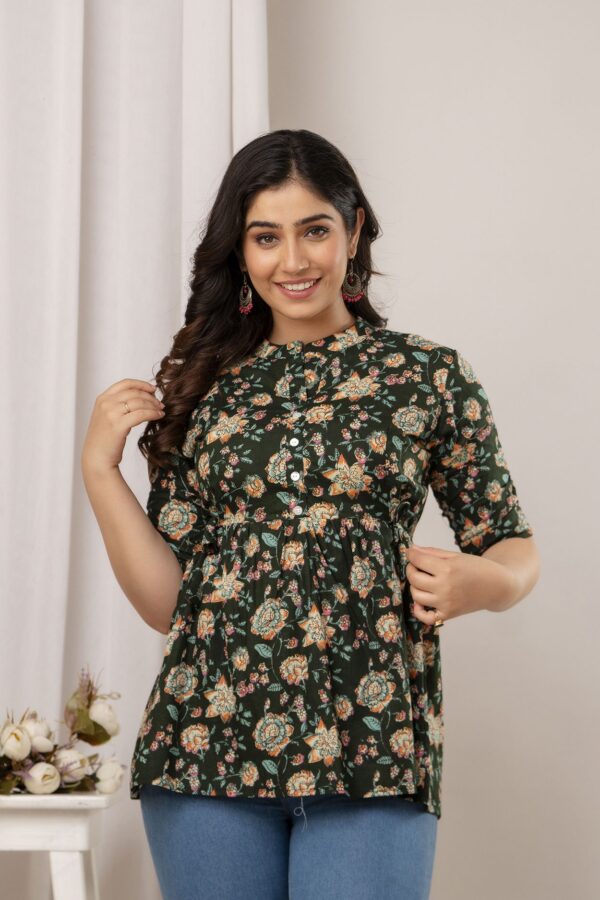 ASD_Top-2020-A Ausuda Women Pure Cotton Dark Green Floral Printed Peplum Top | Casual Cotton Tunic for Women