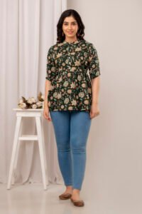 Ausuda Women Pure Cotton Dark Green Floral Printed Peplum Top | Casual Cotton Tunic for Women