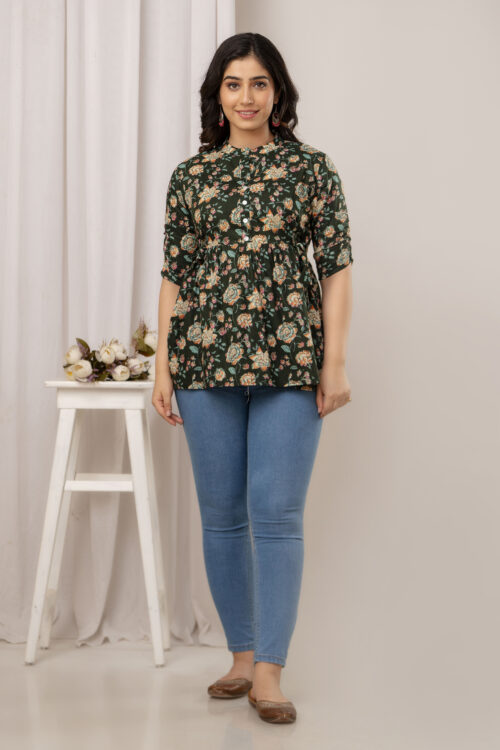 Ausuda Women Pure Cotton Dark Green Floral Printed Peplum Top | Casual Cotton Tunic for Women