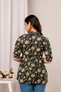 Ausuda Women Pure Cotton Dark Green Floral Printed Peplum Top | Casual Cotton Tunic for Women