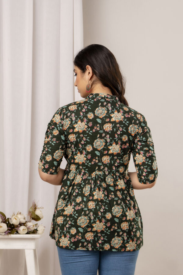 ASD_Top-2020-C Ausuda Women Pure Cotton Dark Green Floral Printed Peplum Top | Casual Cotton Tunic for Women