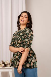 Ausuda Women Pure Cotton Dark Green Floral Printed Peplum Top | Casual Cotton Tunic for Women