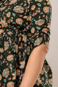 Ausuda Women Pure Cotton Dark Green Floral Printed Peplum Top | Casual Cotton Tunic for Women