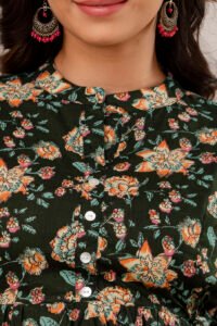 Ausuda Women Pure Cotton Dark Green Floral Printed Peplum Top | Casual Cotton Tunic for Women