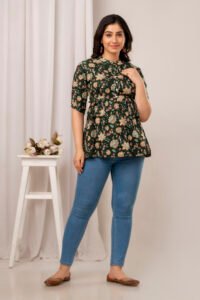 Ausuda Women Pure Cotton Dark Green Floral Printed Peplum Top | Casual Cotton Tunic for Women