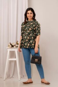 Ausuda Women Pure Cotton Dark Green Floral Printed Peplum Top | Casual Cotton Tunic for Women