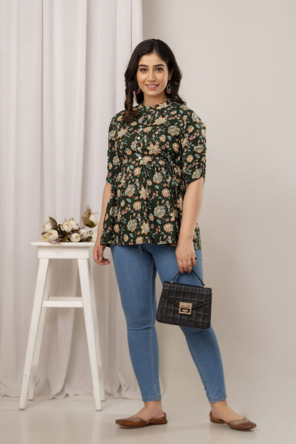 ASD_Top-2020-J Ausuda Women Pure Cotton Dark Green Floral Printed Peplum Top | Casual Cotton Tunic for Women