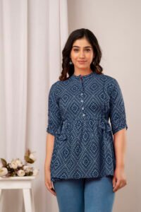 Ausuda Women Pure Cotton Navy Blue Printed Peplum Top | Casual Cotton Tunic for Women