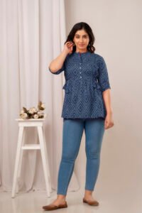 Ausuda Women Pure Cotton Navy Blue Printed Peplum Top | Casual Cotton Tunic for Women