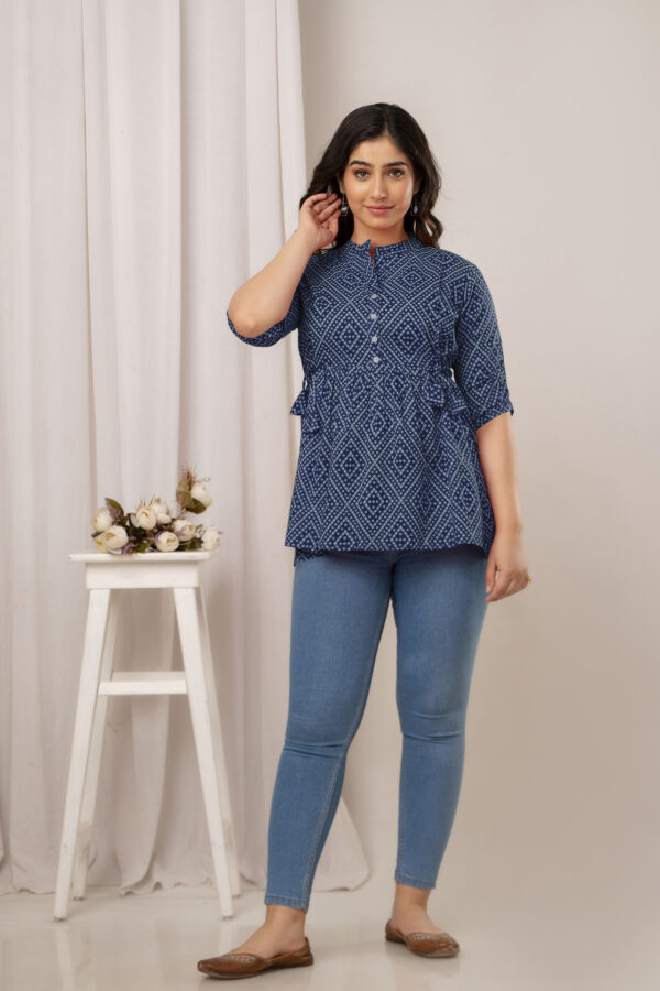 Ausuda Women Pure Cotton Navy Blue Printed Peplum Top | Casual Cotton Tunic for Women