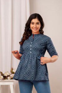 Ausuda Women Pure Cotton Navy Blue Printed Peplum Top | Casual Cotton Tunic for Women