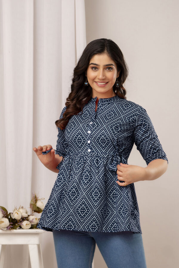 Ausuda Women Pure Cotton Navy Blue Printed Peplum Top | Casual Cotton Tunic for Women