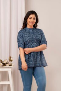 Ausuda Women Pure Cotton Navy Blue Printed Peplum Top | Casual Cotton Tunic for Women