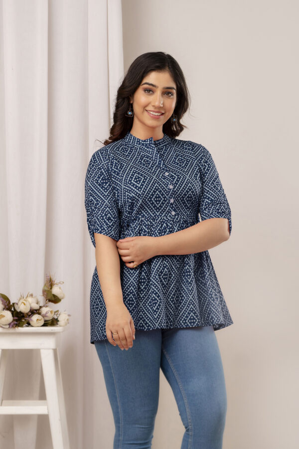 Ausuda Women Pure Cotton Navy Blue Printed Peplum Top | Casual Cotton Tunic for Women