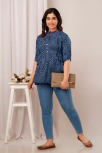Ausuda Women Pure Cotton Navy Blue Printed Peplum Top | Casual Cotton Tunic for Women
