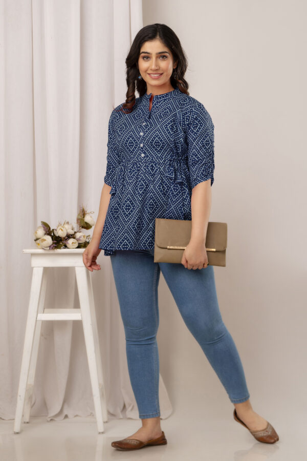 Ausuda Women Pure Cotton Navy Blue Printed Peplum Top | Casual Cotton Tunic for Women