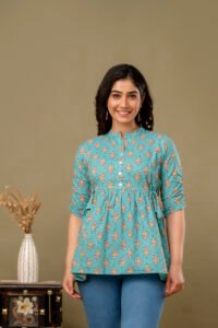 Ausuda Women Pure Cotton Sky Blue Floral Printed Peplum Top | Casual Cotton Tunic for Women