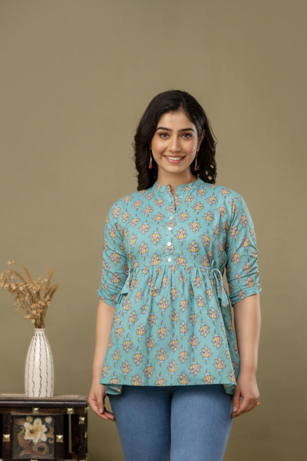 ASD_Top-2037-A Ausuda Women Pure Cotton Sky Blue Floral Printed Peplum Top | Casual Cotton Tunic for Women