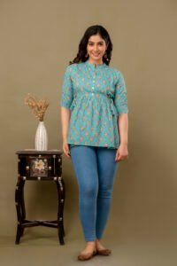 Ausuda Women Pure Cotton Sky Blue Floral Printed Peplum Top | Casual Cotton Tunic for Women