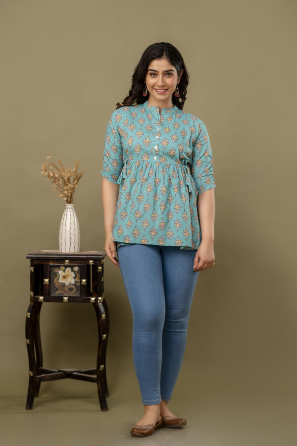 ASD_Top-2037-B Ausuda Women Pure Cotton Sky Blue Floral Printed Peplum Top | Casual Cotton Tunic for Women