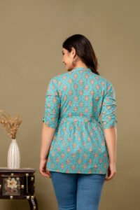 Ausuda Women Pure Cotton Sky Blue Floral Printed Peplum Top | Casual Cotton Tunic for Women