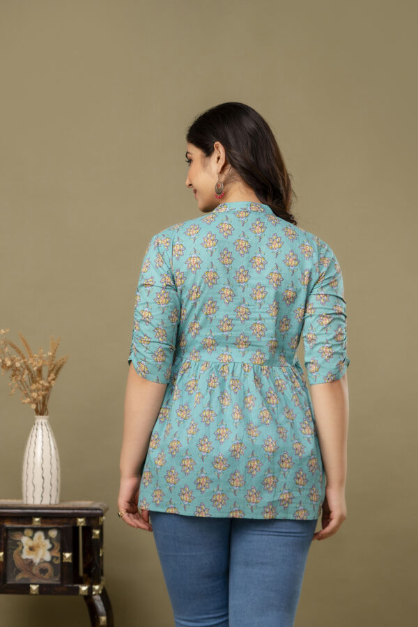 ASD_Top-2037-C Ausuda Women Pure Cotton Sky Blue Floral Printed Peplum Top | Casual Cotton Tunic for Women