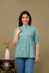 Ausuda Women Pure Cotton Sky Blue Floral Printed Peplum Top | Casual Cotton Tunic for Women