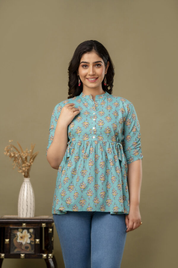 ASD_Top-2037-D Ausuda Women Pure Cotton Sky Blue Floral Printed Peplum Top | Casual Cotton Tunic for Women