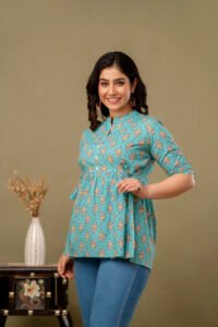 Ausuda Women Pure Cotton Sky Blue Floral Printed Peplum Top | Casual Cotton Tunic for Women