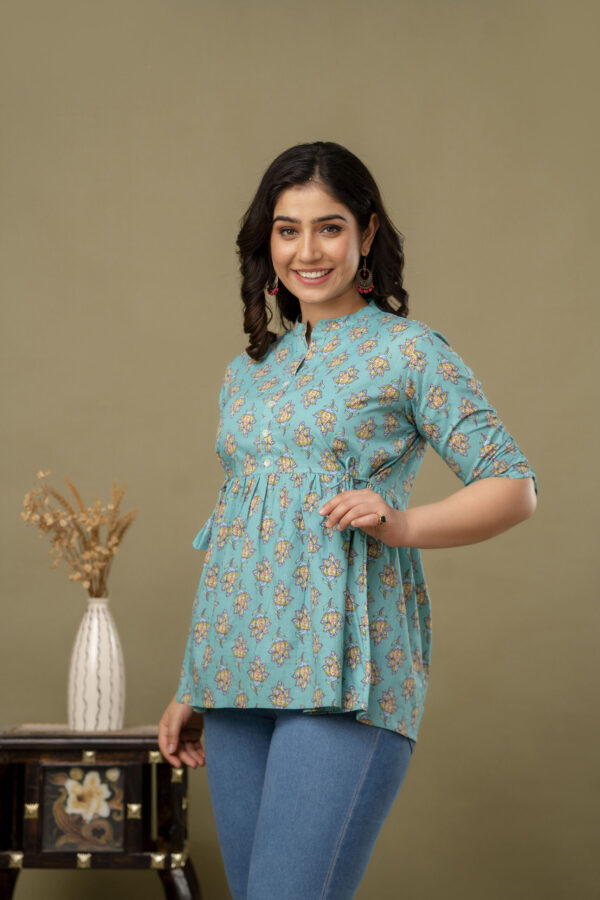 ASD_Top-2037-E Ausuda Women Pure Cotton Sky Blue Floral Printed Peplum Top | Casual Cotton Tunic for Women