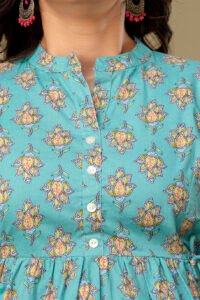 Ausuda Women Pure Cotton Sky Blue Floral Printed Peplum Top | Casual Cotton Tunic for Women