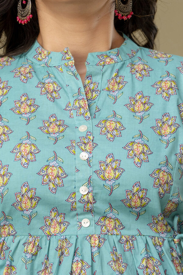 ASD_Top-2037-F Ausuda Women Pure Cotton Sky Blue Floral Printed Peplum Top | Casual Cotton Tunic for Women