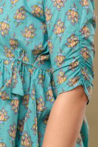 Ausuda Women Pure Cotton Sky Blue Floral Printed Peplum Top | Casual Cotton Tunic for Women
