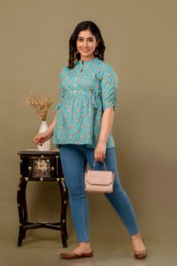 Ausuda Women Pure Cotton Sky Blue Floral Printed Peplum Top | Casual Cotton Tunic for Women