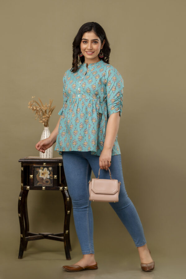 ASD_Top-2037-H Ausuda Women Pure Cotton Sky Blue Floral Printed Peplum Top | Casual Cotton Tunic for Women