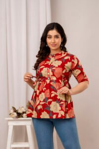 Ausuda Women Pure Cotton Red Floral Printed Peplum Top | Casual Cotton Tunic for Women
